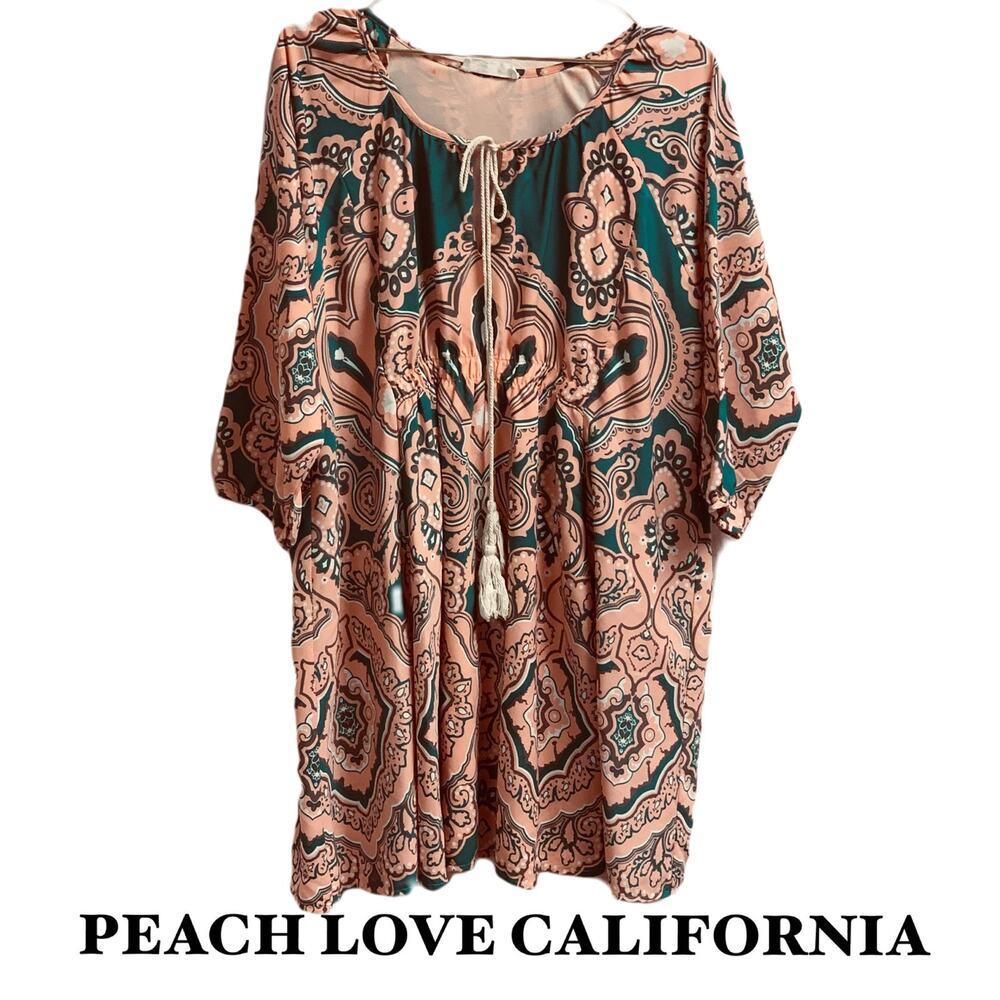 Peach Love California Emerald Green Coral Peach Mini Dress Womens M Boho Flowy